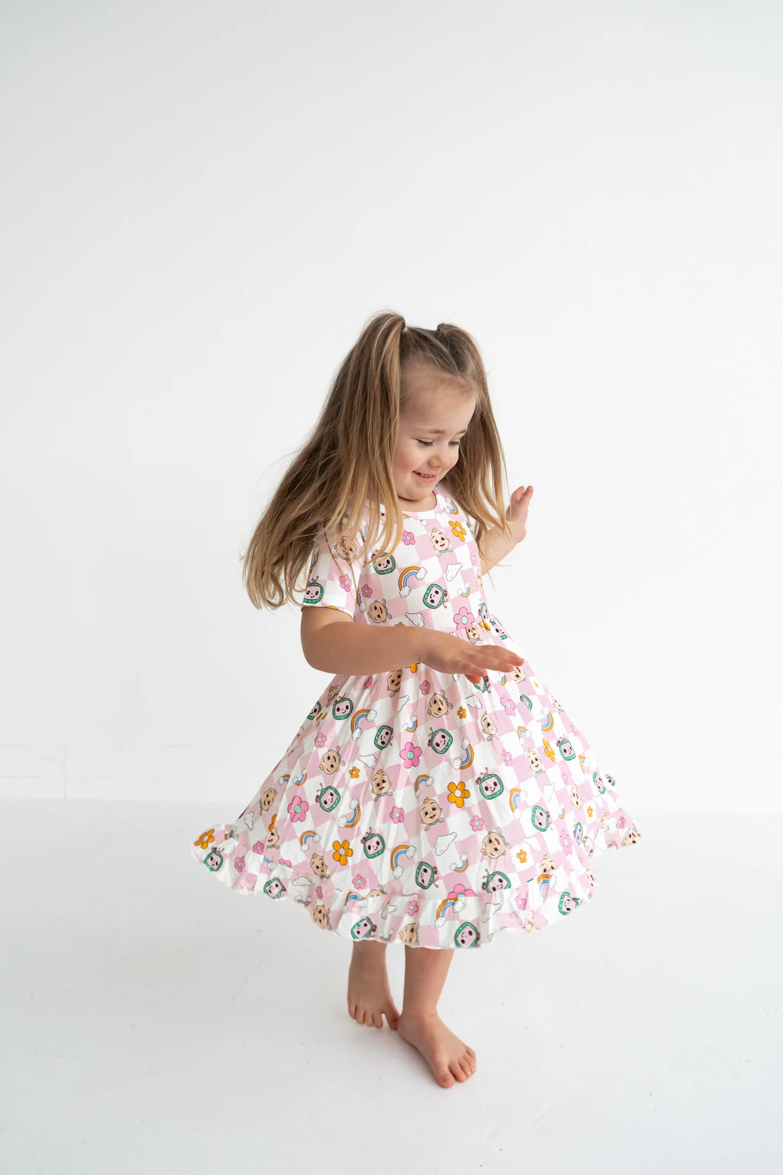 Dream Big Little Co x CoComelon JJ RAINBOW CHECKERS SHORT SLEEVE DREAM RUFFLE DRESS - Image 2