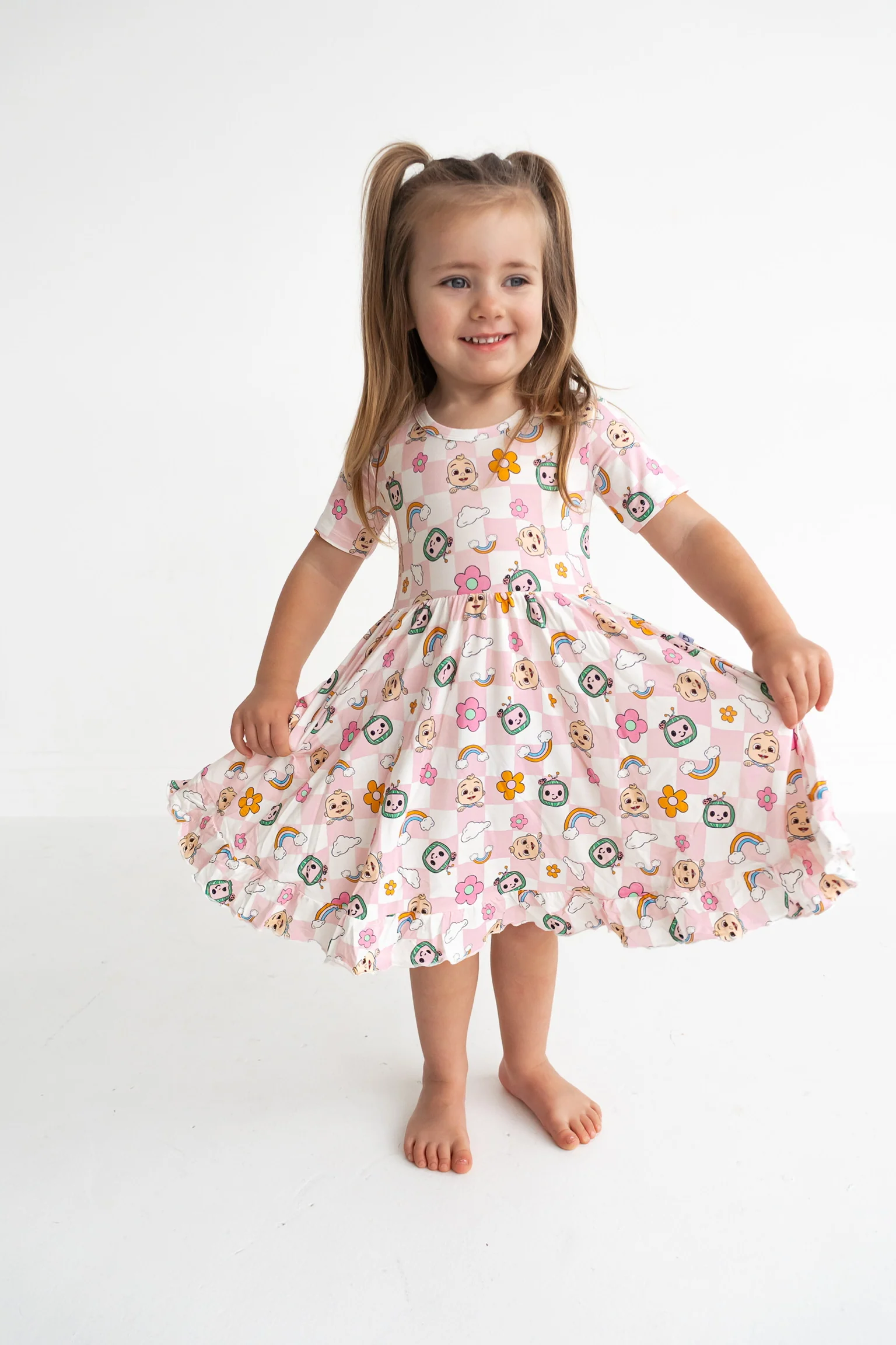 Dream Big Little Co x CoComelon JJ RAINBOW CHECKERS SHORT SLEEVE DREAM RUFFLE DRESS - Image 3