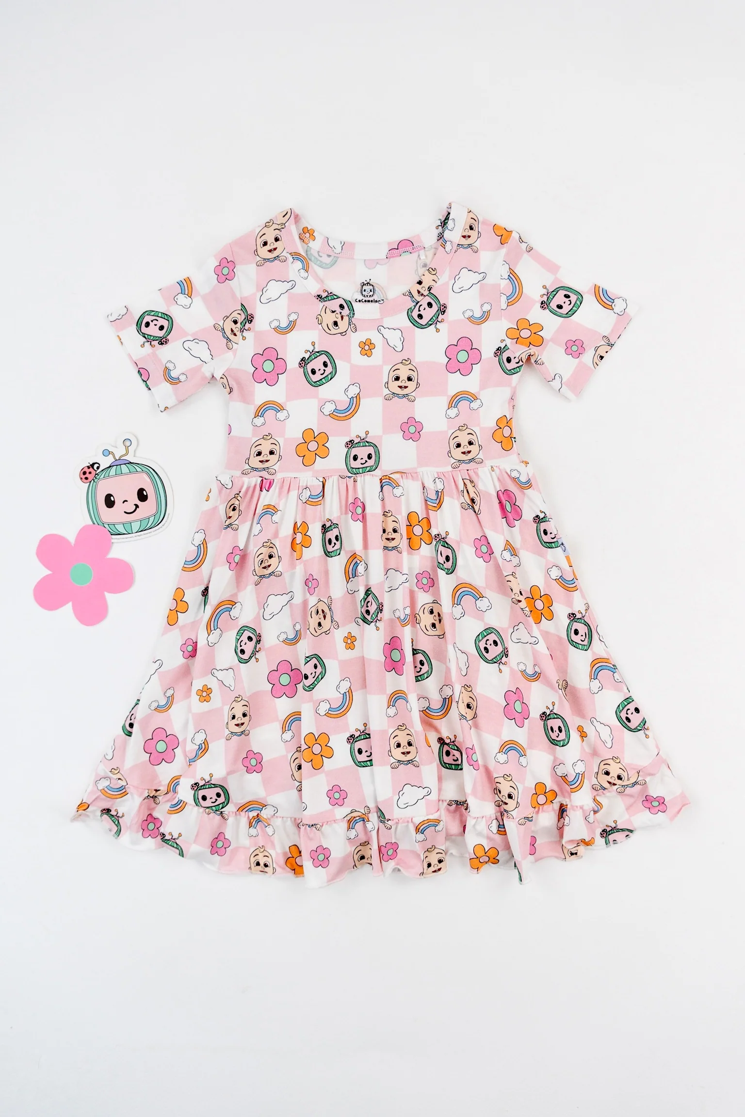 Dream Big Little Co x CoComelon JJ RAINBOW CHECKERS SHORT SLEEVE DREAM RUFFLE DRESS - Image 4