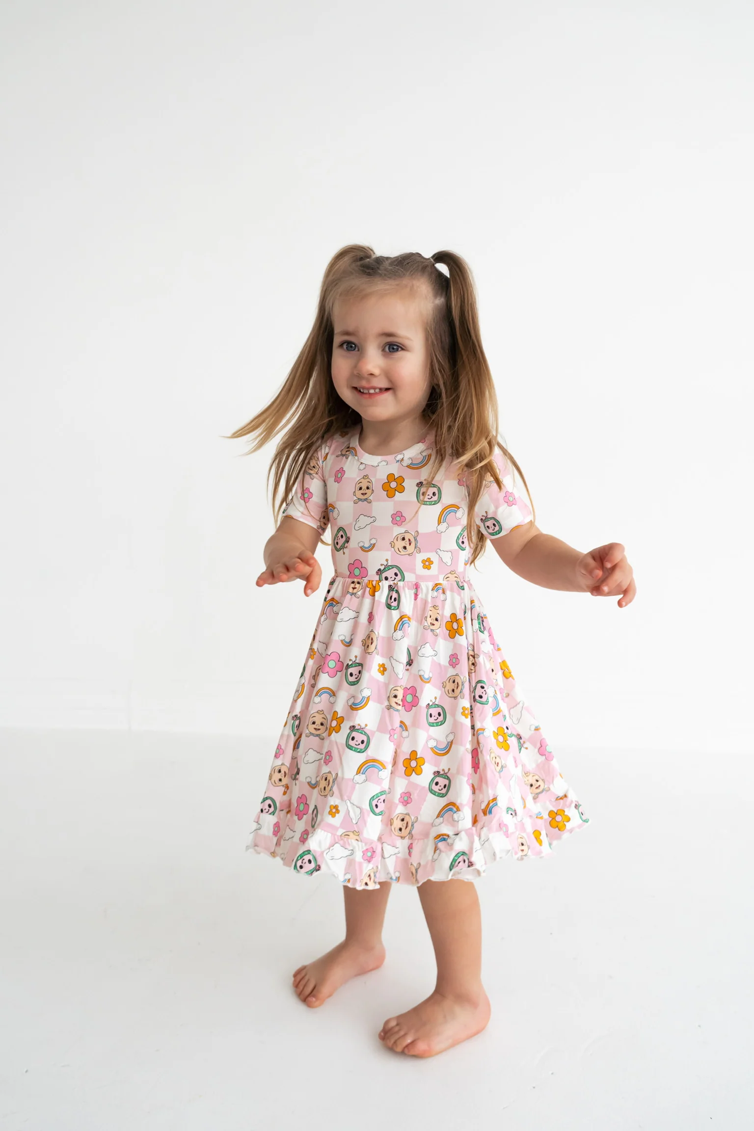 Dream Big Little Co x CoComelon JJ RAINBOW CHECKERS SHORT SLEEVE DREAM RUFFLE DRESS - Image 5
