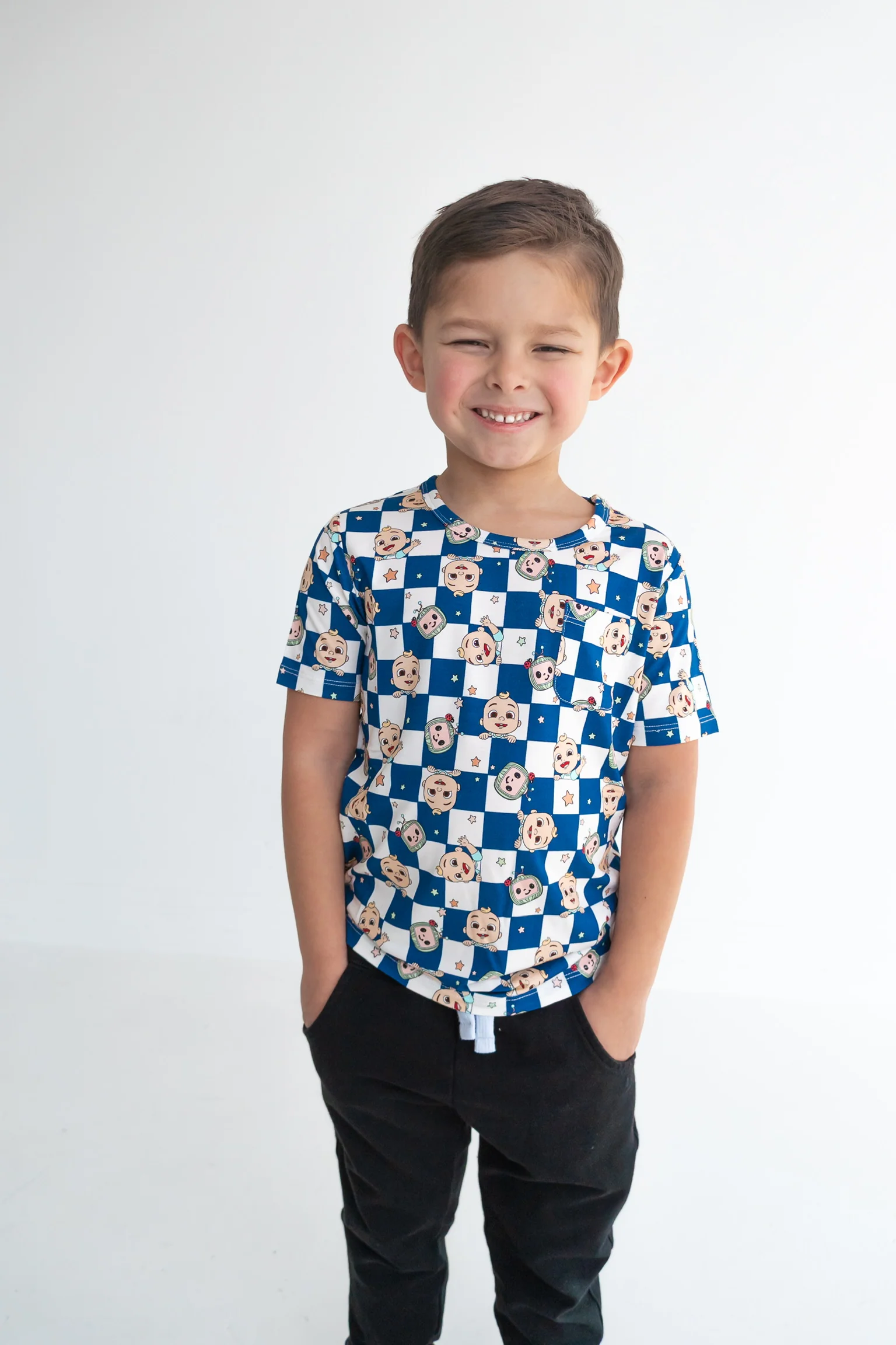 Dream Big Little Co x CoComelon JJ STARRY NIGHT CHECKERS DREAM POCKET TEE - Image 5